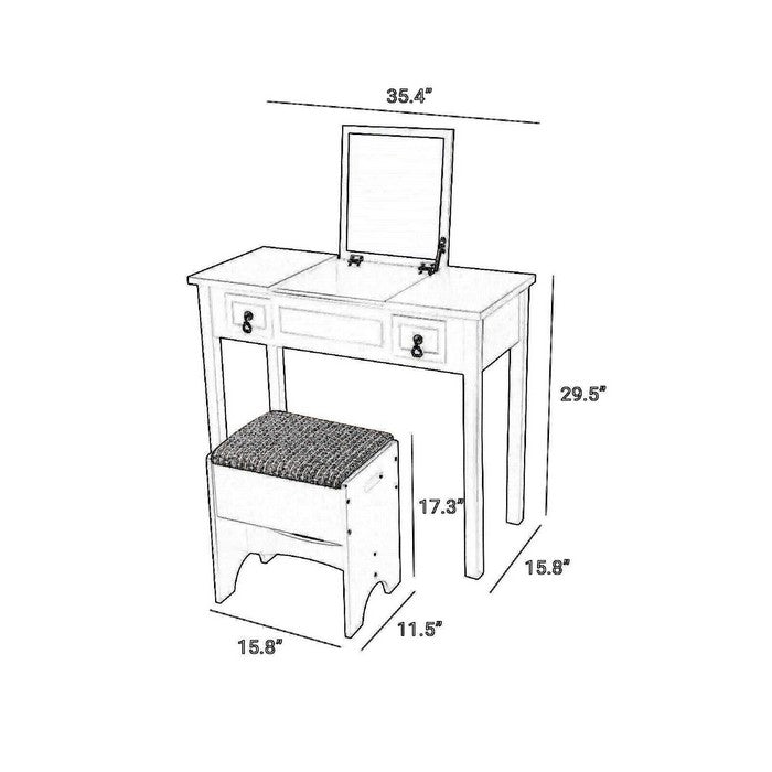 Wooden Frame Vanity Set with Padded Stool and Drop Down Mirror, Black
