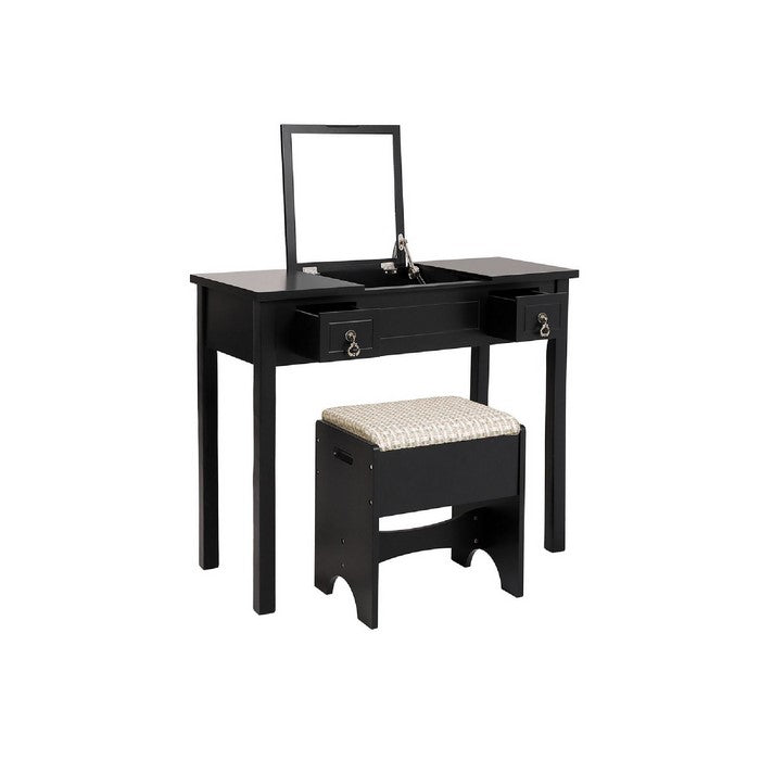 Wooden Frame Vanity Set with Padded Stool and Drop Down Mirror, Black