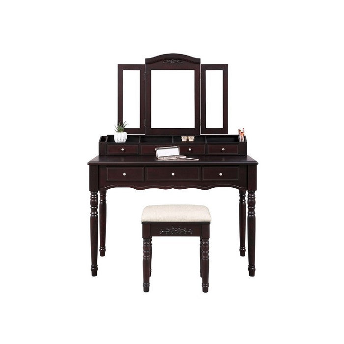 7 Drawers Wooden Vanity Set with Tri Fold Mirror and Padded Stool, Brown