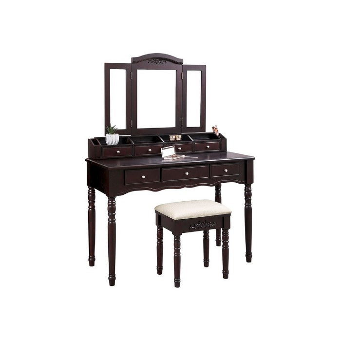 7 Drawers Wooden Vanity Set with Tri Fold Mirror and Padded Stool, Brown
