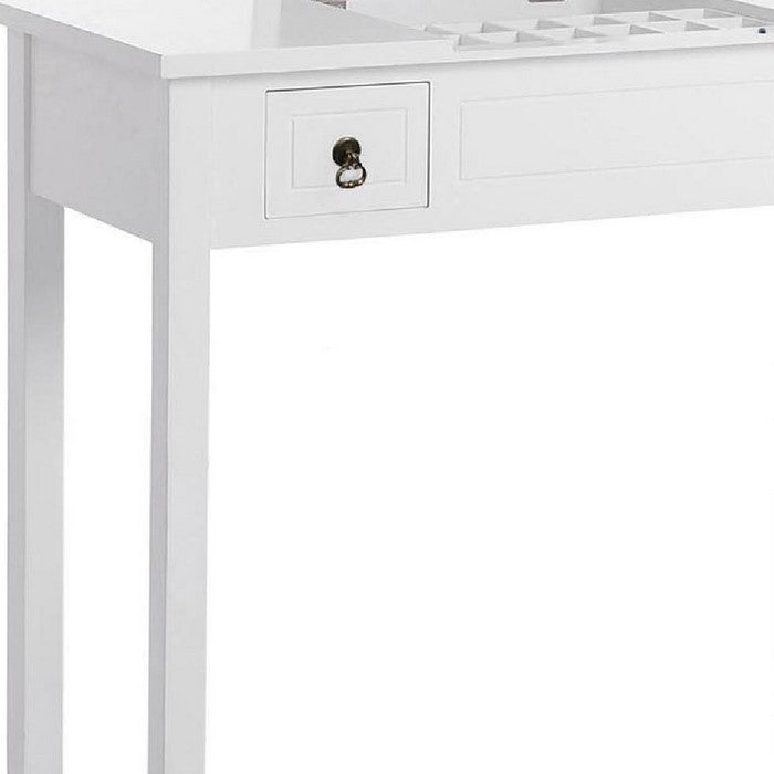 Wooden Frame Vanity Set with Padded Stool and Drop Down Mirror, White