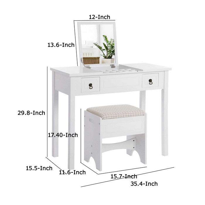 Wooden Frame Vanity Set with Padded Stool and Drop Down Mirror, White