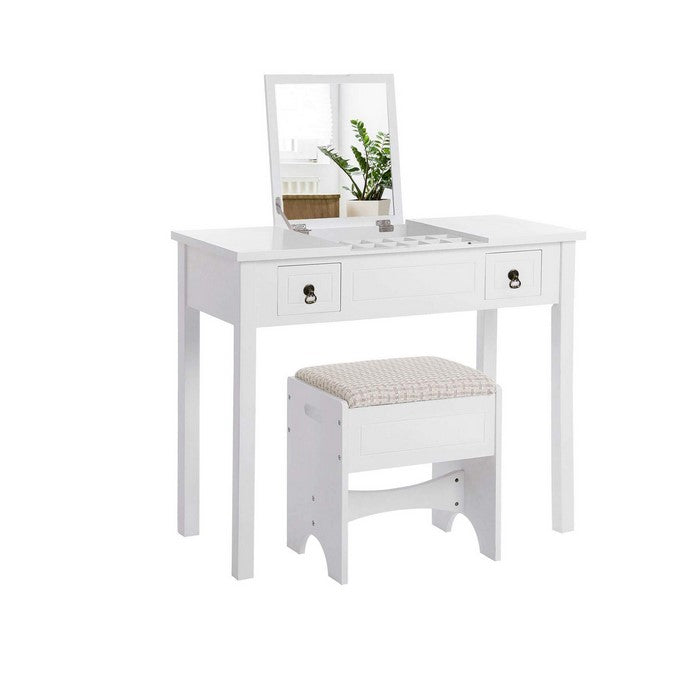 Wooden Frame Vanity Set with Padded Stool and Drop Down Mirror, White