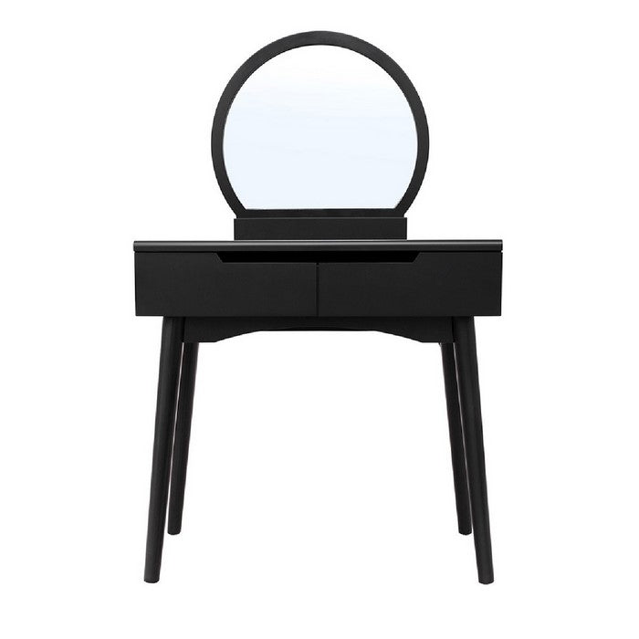 Wooden Frame Vanity Set with Padded Stool and Round Mirror, Black