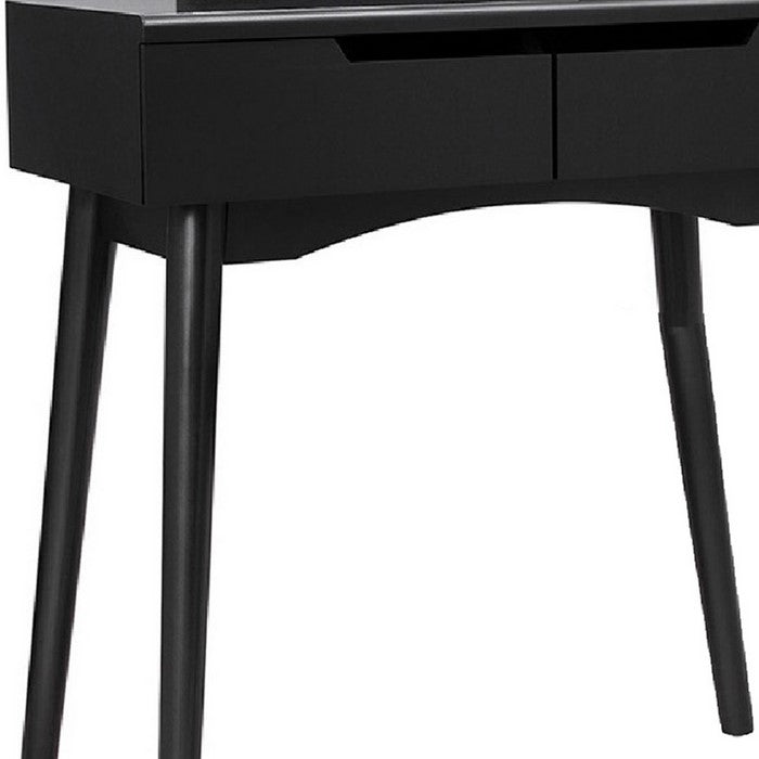 Wooden Frame Vanity Set with Padded Stool and Round Mirror, Black