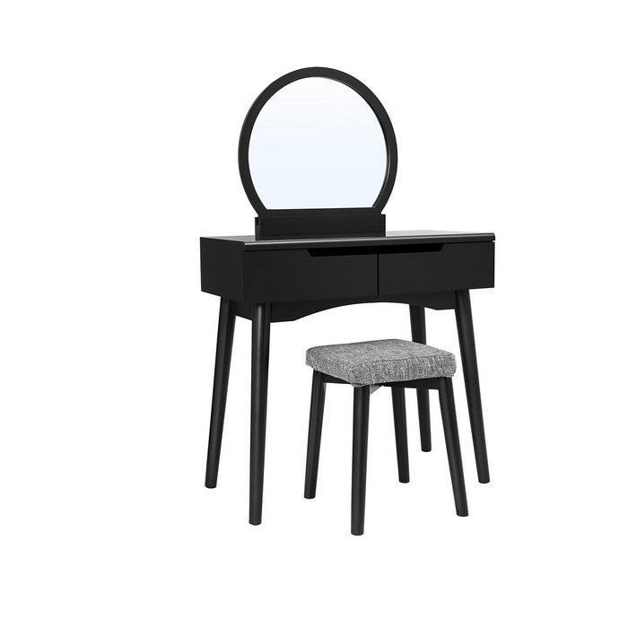 Wooden Frame Vanity Set with Padded Stool and Round Mirror, Black