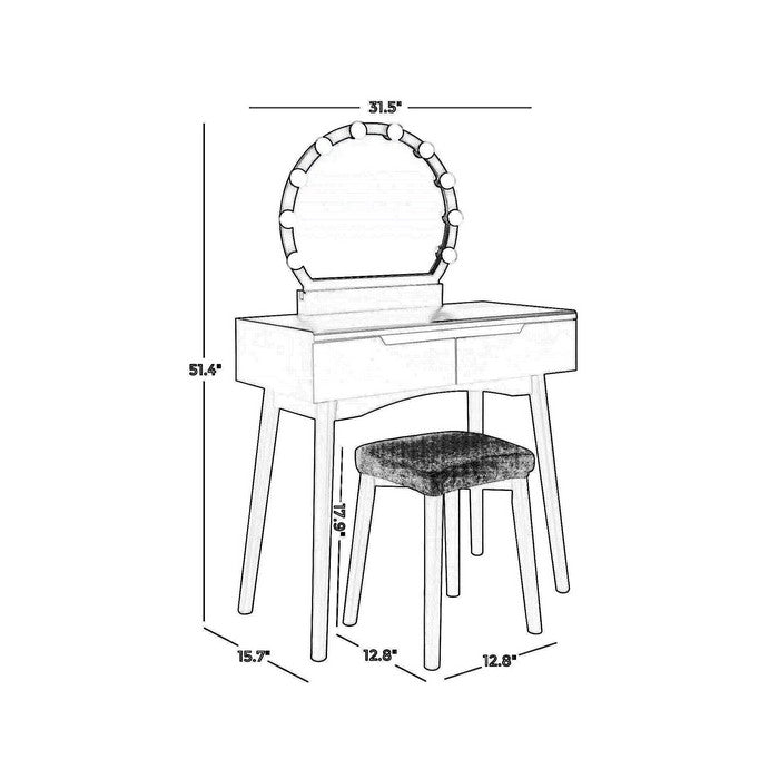 Wooden Frame Vanity Set with Padded Stool and LED Trim on Mirror, Black