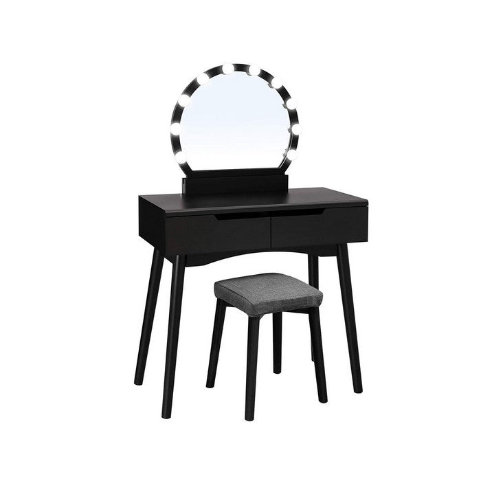 Wooden Frame Vanity Set with Padded Stool and LED Trim on Mirror, Black
