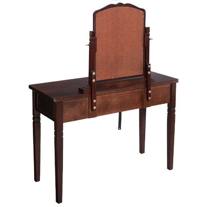 7 Drawers Wooden Vanity Set with Turned Legs and Padded Stool, Brown