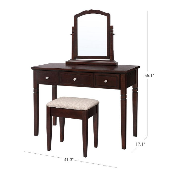 7 Drawers Wooden Vanity Set with Turned Legs and Padded Stool, Brown
