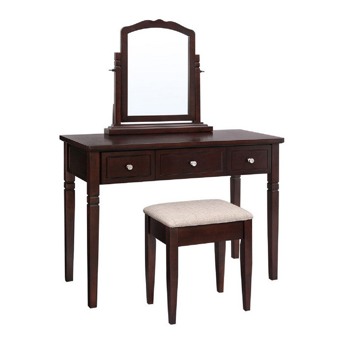 7 Drawers Wooden Vanity Set with Turned Legs and Padded Stool, Brown