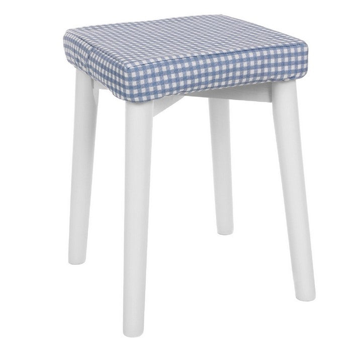 Wooden Frame Vanity Set with Padded Stool and Round Mirror, White