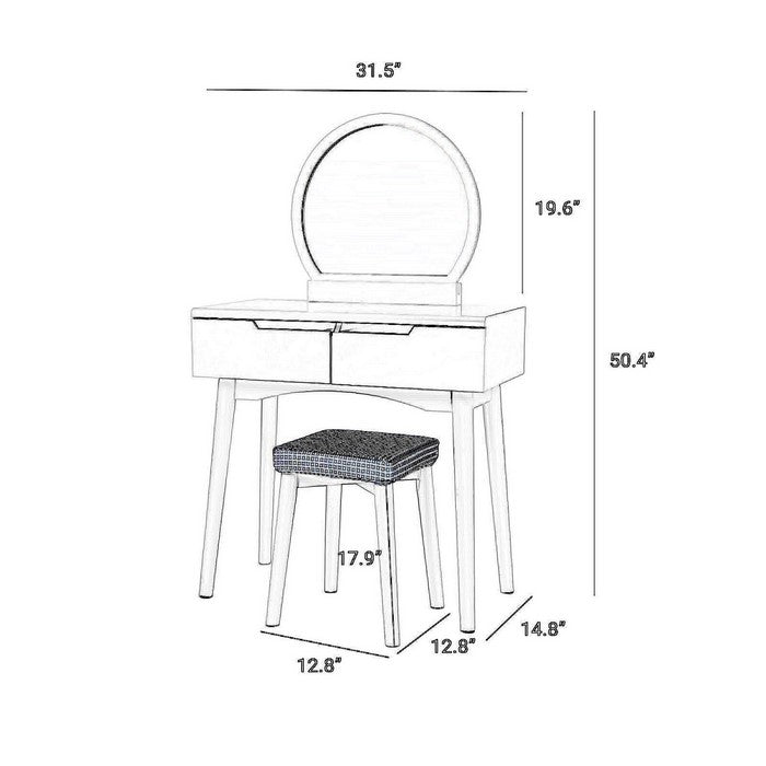 Wooden Frame Vanity Set with Padded Stool and Round Mirror, White