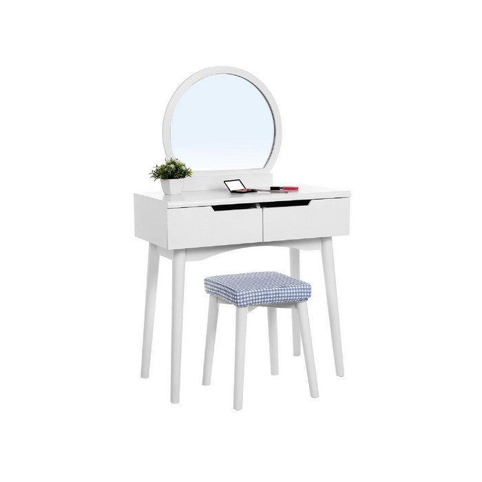 Wooden Frame Vanity Set with Padded Stool and Round Mirror, White
