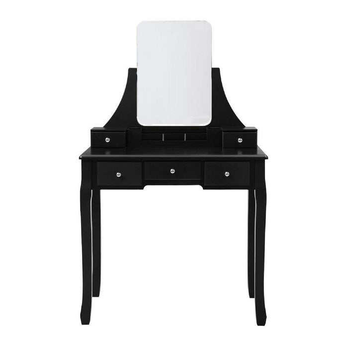 Frameless Mirror Wooden Vanity Set with Padded Stool and 5 Drawers, Black