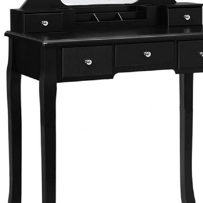 Frameless Mirror Wooden Vanity Set with Padded Stool and 5 Drawers, Black
