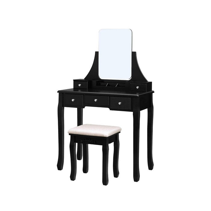 Frameless Mirror Wooden Vanity Set with Padded Stool and 5 Drawers, Black