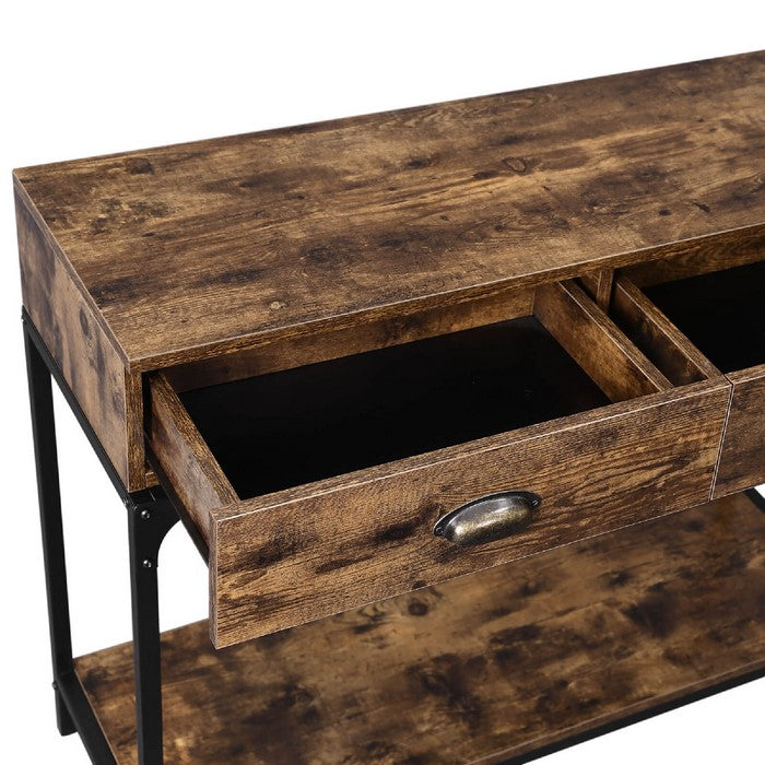 2 Drawers Wood and Metal Frame Console Table with Open Shelf, Rustic Brown