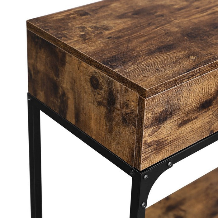2 Drawers Wood and Metal Frame Console Table with Open Shelf, Rustic Brown