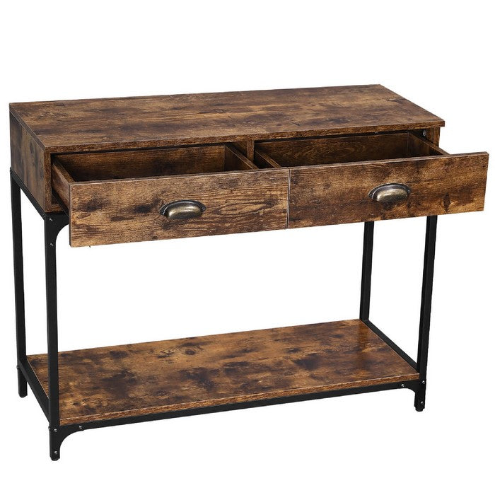 2 Drawers Wood and Metal Frame Console Table with Open Shelf, Rustic Brown