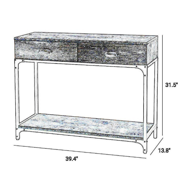 2 Drawers Wood and Metal Frame Console Table with Open Shelf, Rustic Brown