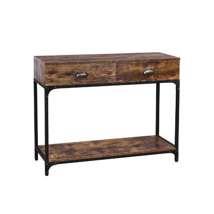 2 Drawers Wood and Metal Frame Console Table with Open Shelf, Rustic Brown