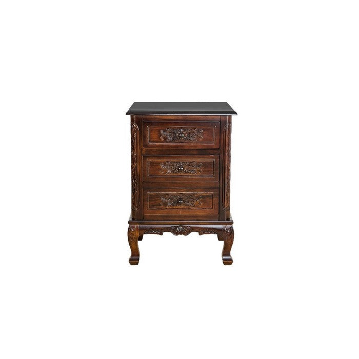 Traditional 3 Drawer Chest with Wooden Carvings and Cabriole Feet, Brown