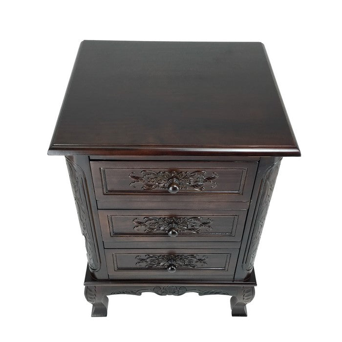 Traditional 3 Drawer Chest with Wooden Carvings and Cabriole Feet, Brown