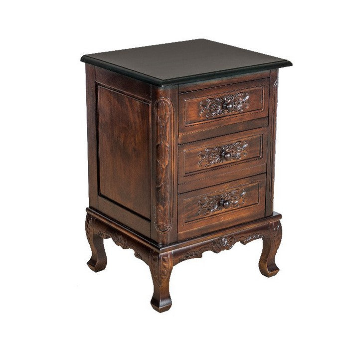 Traditional 3 Drawer Chest with Wooden Carvings and Cabriole Feet, Brown
