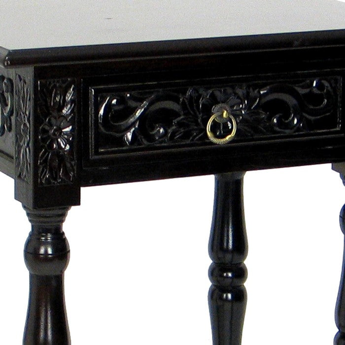 1 Drawer Wing Table with Scroll Engravings and Turned Feet, Dark Brown