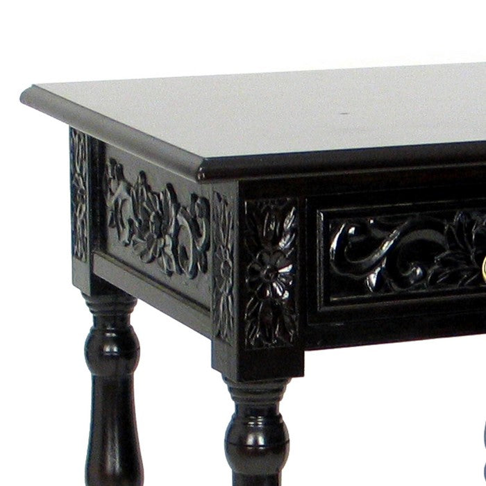 1 Drawer Wing Table with Scroll Engravings and Turned Feet, Dark Brown