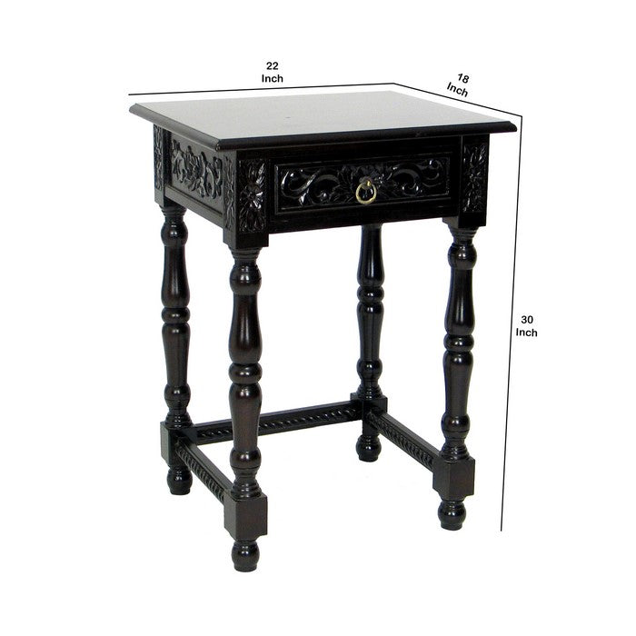 1 Drawer Wing Table with Scroll Engravings and Turned Feet, Dark Brown
