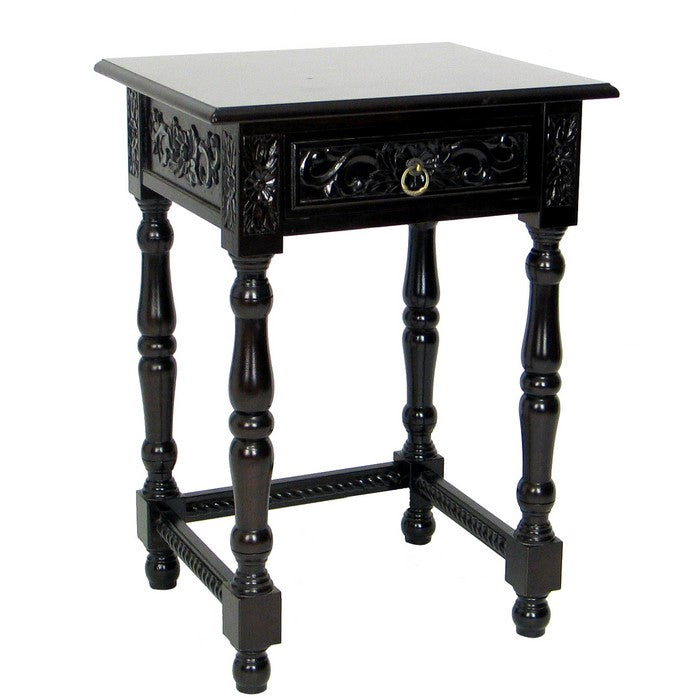 1 Drawer Wing Table with Scroll Engravings and Turned Feet, Dark Brown