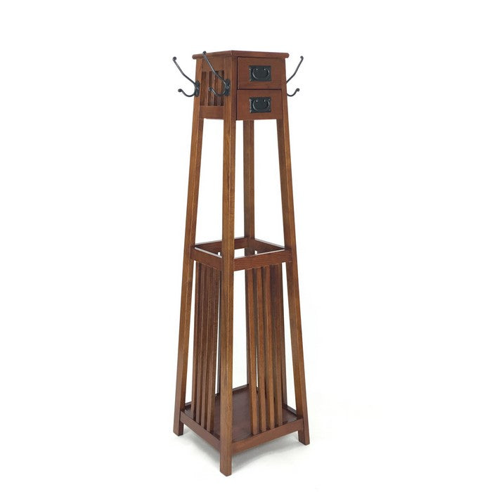 2  Drawer Mission Style Coat Rack with 4 Hooks and Slatted Sides, Brown