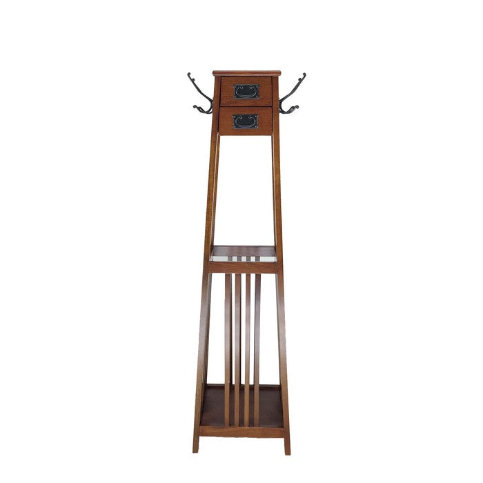 2  Drawer Mission Style Coat Rack with 4 Hooks and Slatted Sides, Brown