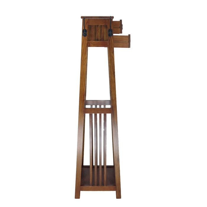 2  Drawer Mission Style Coat Rack with 4 Hooks and Slatted Sides, Brown