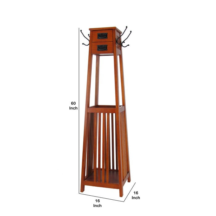 2  Drawer Mission Style Coat Rack with 4 Hooks and Slatted Sides, Brown