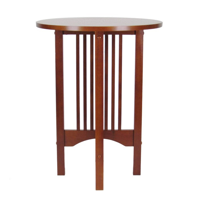 Mission Style Round Table with Slatted Design and Block Legs, Brown