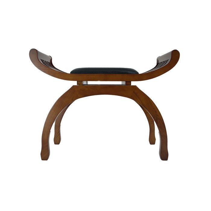 Curved Design Mission Stool with Leatherette Seat and Slatted Sides, Brown