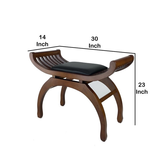 Curved Design Mission Stool with Leatherette Seat and Slatted Sides, Brown