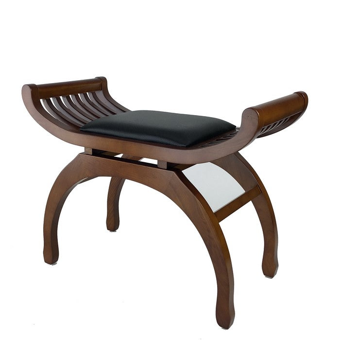 Curved Design Mission Stool with Leatherette Seat and Slatted Sides, Brown
