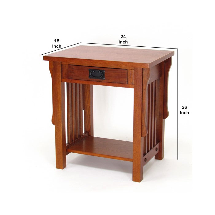 1 Drawer Wooden Nightstand with Slatted Sides and Open Bottom Shelf, Brown