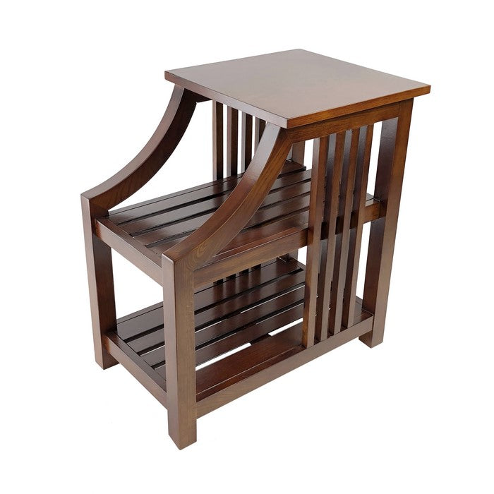 Mission Style Sculpted Side Table with 2 Slatted Shelves, Brown