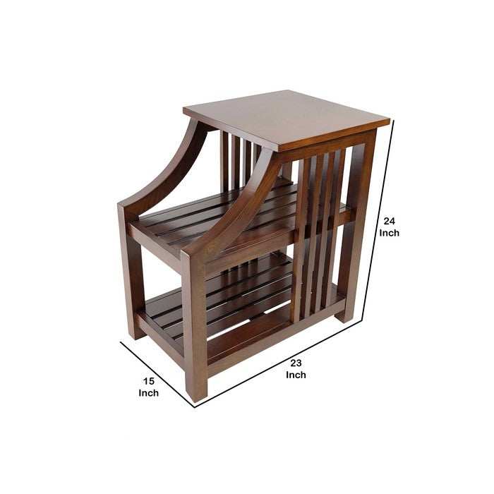 Mission Style Sculpted Side Table with 2 Slatted Shelves, Brown