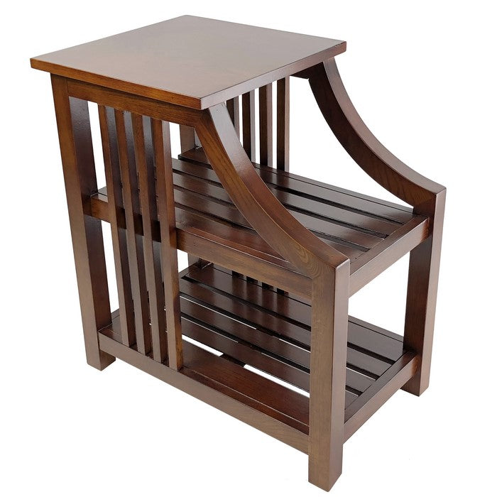Mission Style Sculpted Side Table with 2 Slatted Shelves, Brown
