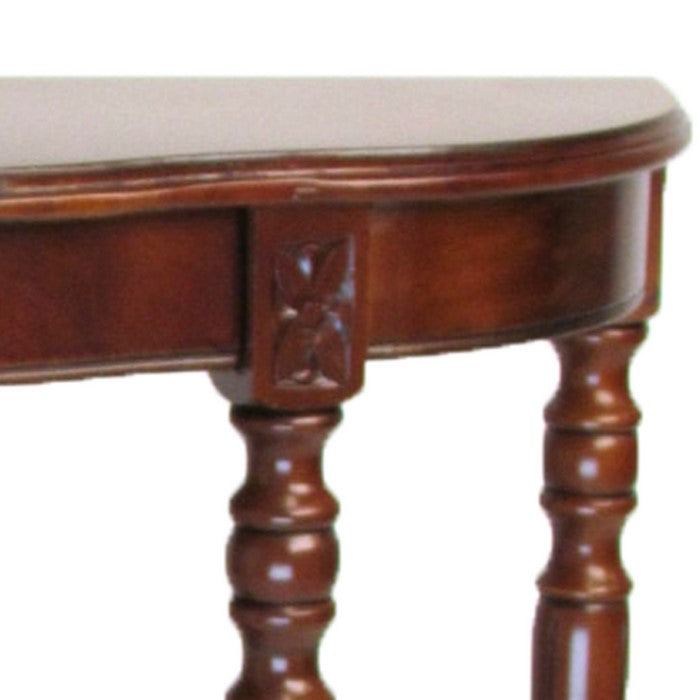 1 Drawer Half Moon Shaped Console with Bulged Front and Turned Legs, Brown