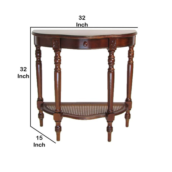 1 Drawer Half Moon Shaped Console with Bulged Front and Turned Legs, Brown