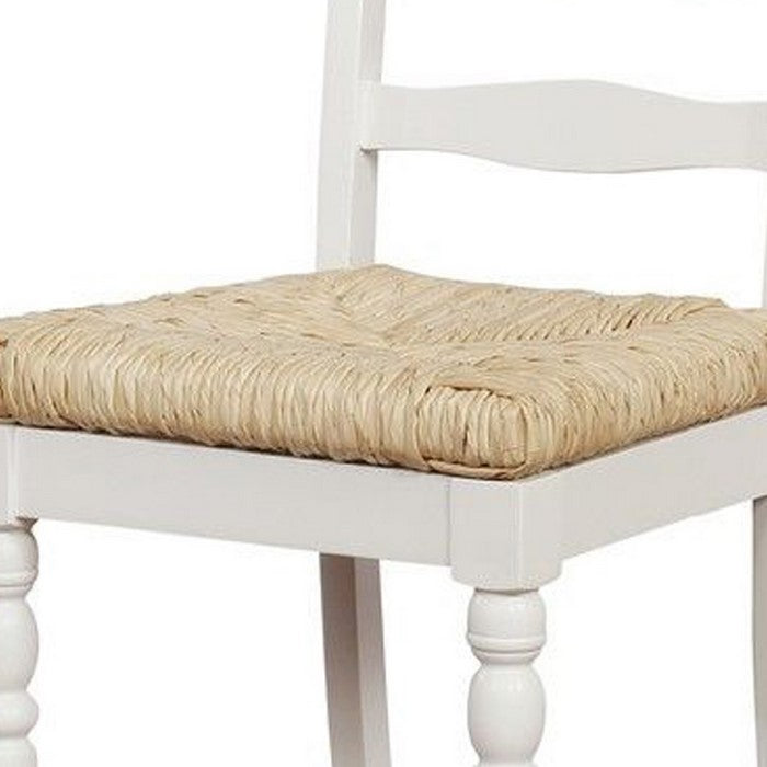 Wooden Counter Stool with Rush Woven Seat and Cut Out Back, Beige and White