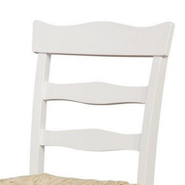 Wooden Counter Stool with Rush Woven Seat and Cut Out Back, Beige and White