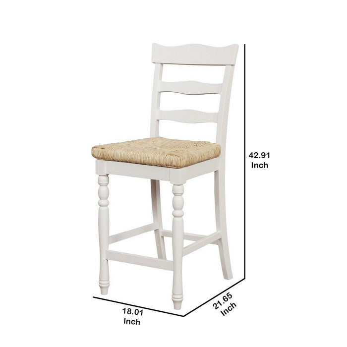 Wooden Counter Stool with Rush Woven Seat and Cut Out Back, Beige and White